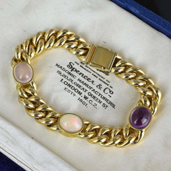 Solid 14K Gold Curb Chain Amethyst Pink Quartz Opal Bracelet - Boylerpf