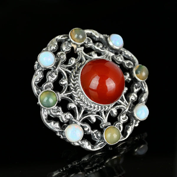 Antique Silver Arts & Crafts Carnelian Moss Agate Opal Brooch