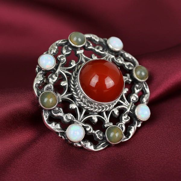Antique Silver Arts & Crafts Carnelian Moss Agate Opal Brooch