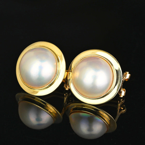 Vintage Large 14K Gold Mabe Pearl Earrings, Omega Back - Boylerpf