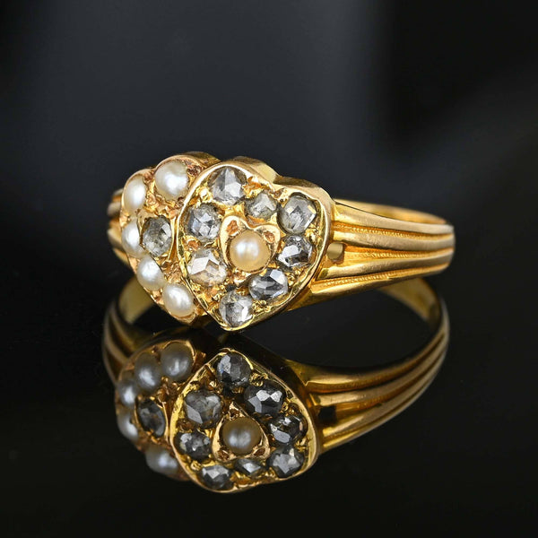 Georgian 15K Gold Rose Cut Diamond Double Heart Ring - Boylerpf