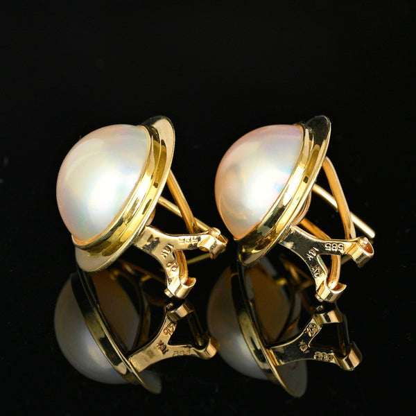Vintage Large 14K Gold Mabe Pearl Earrings, Omega Back - Boylerpf