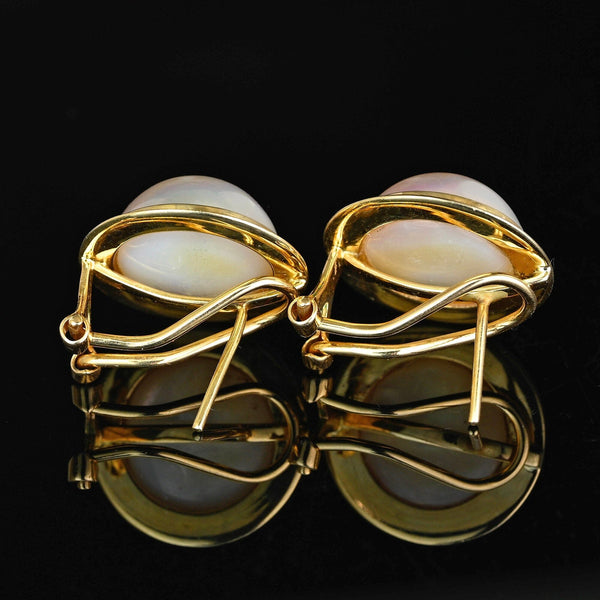 Vintage Large 14K Gold Mabe Pearl Earrings, Omega Back - Boylerpf