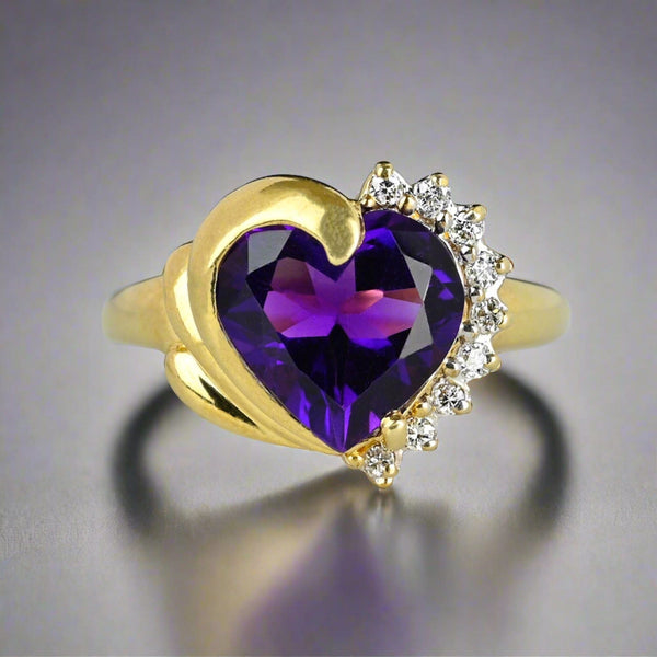 Vintage 14K Gold Diamond Accent Heart Shape Amethyst Ring - Boylerpf