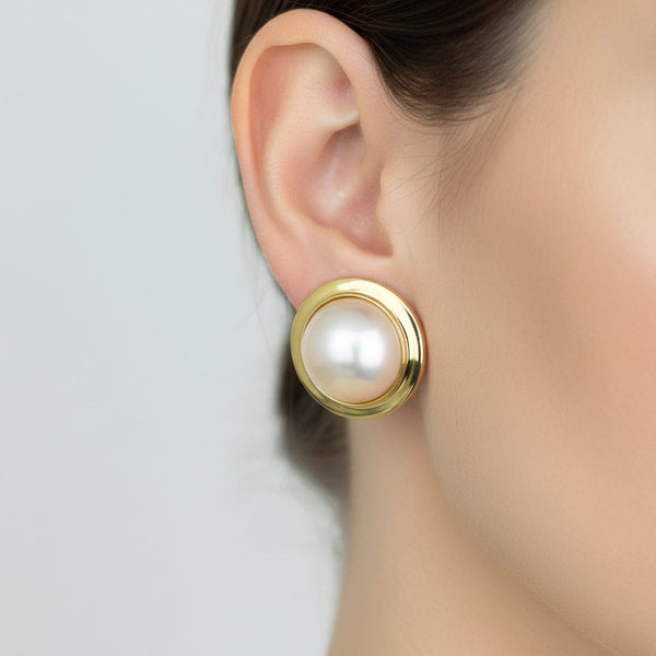 Vintage Large 14K Gold Mabe Pearl Earrings, Omega Back - Boylerpf