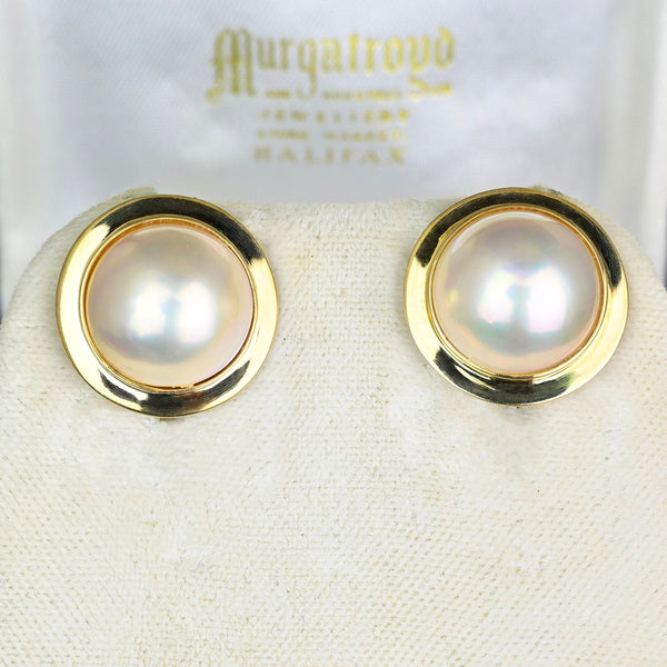 Vintage Large 14K Gold Mabe Pearl Earrings, Omega Back - Boylerpf