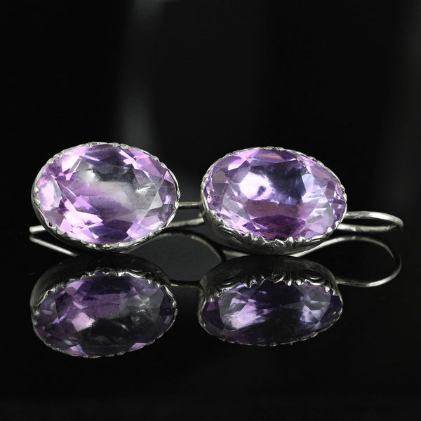 Antique Silver Pierced Foiled Back Amethyst Earrings