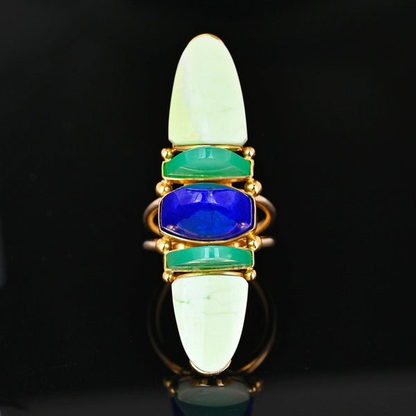 Vintage Lapis Chrysoprase Navette Ring 18K Gold Statement