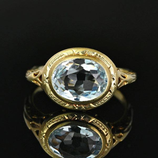 Antique Art Deco Aquamarine Ring 14K Gold Filigree