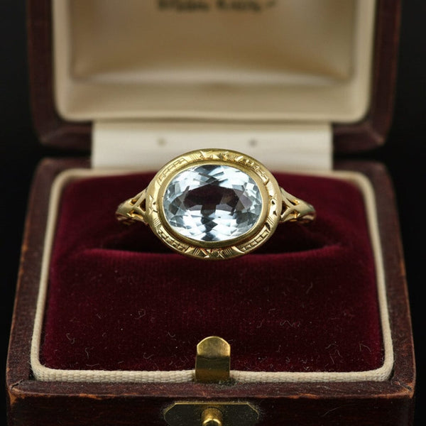 Antique Art Deco Aquamarine Ring 14K Gold Filigree