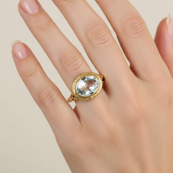 Antique Art Deco Aquamarine Ring 14K Gold Filigree