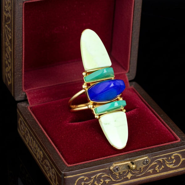 Vintage Lapis Chrysoprase Navette Ring 18K Gold Statement