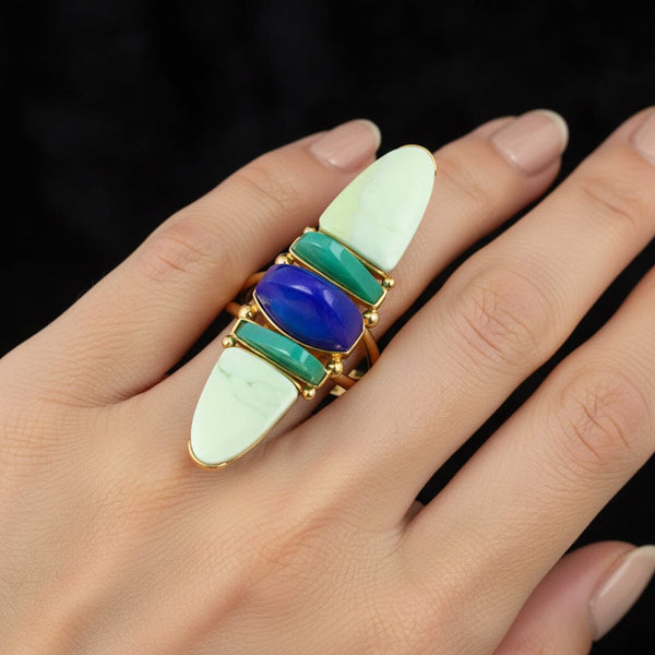 Vintage Lapis Chrysoprase Navette Ring 18K Gold Statement