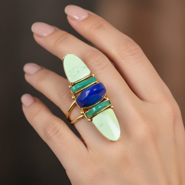 Vintage Lapis Chrysoprase Navette Ring 18K Gold Statement