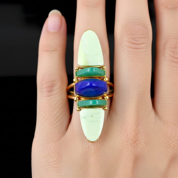 Vintage Lapis Chrysoprase Navette Ring 18K Gold Statement