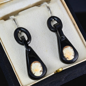 Antique Victorian Shell Cameo Whitby Jet Earrings - Boylerpf