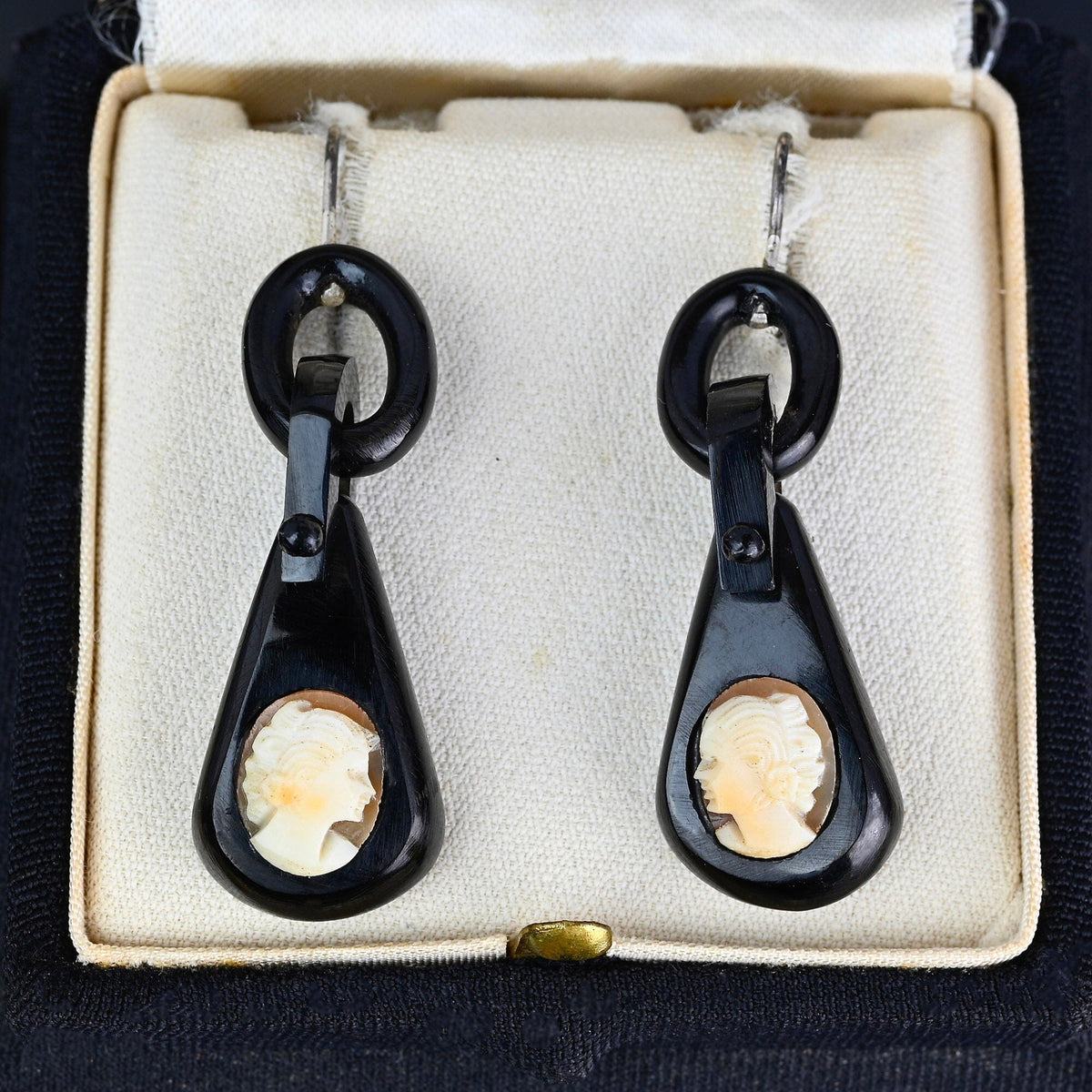 Antique Victorian Shell Cameo Whitby Jet Earrings – Boylerpf