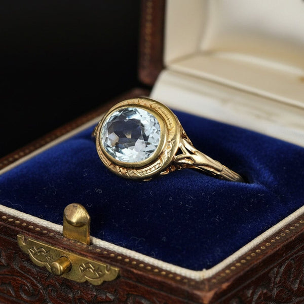 Antique Art Deco Aquamarine Ring 14K Gold Filigree