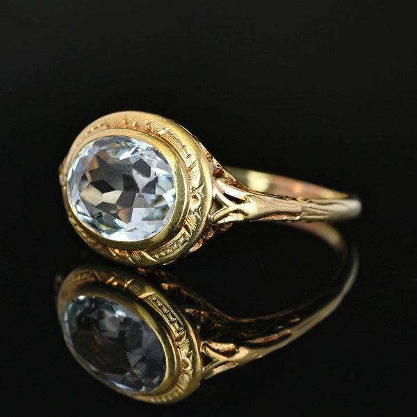 Antique Art Deco Aquamarine Ring 14K Gold Filigree