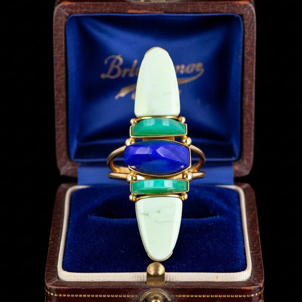 Vintage Lapis Chrysoprase Navette Ring 18K Gold Statement