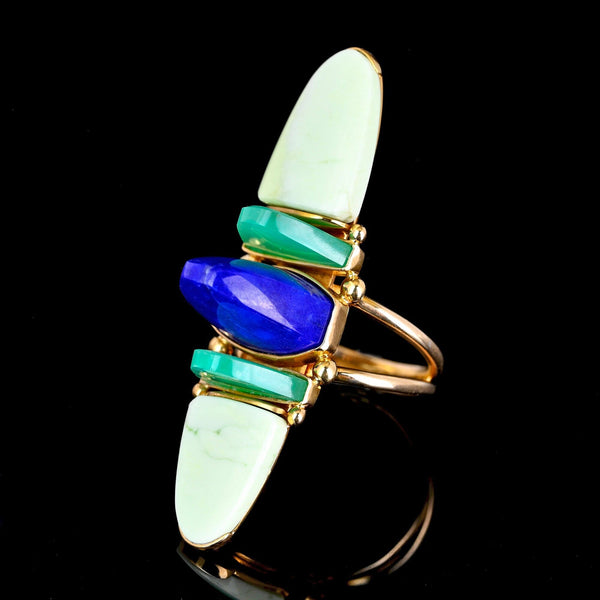 Vintage Lapis Chrysoprase Navette Ring 18K Gold Statement