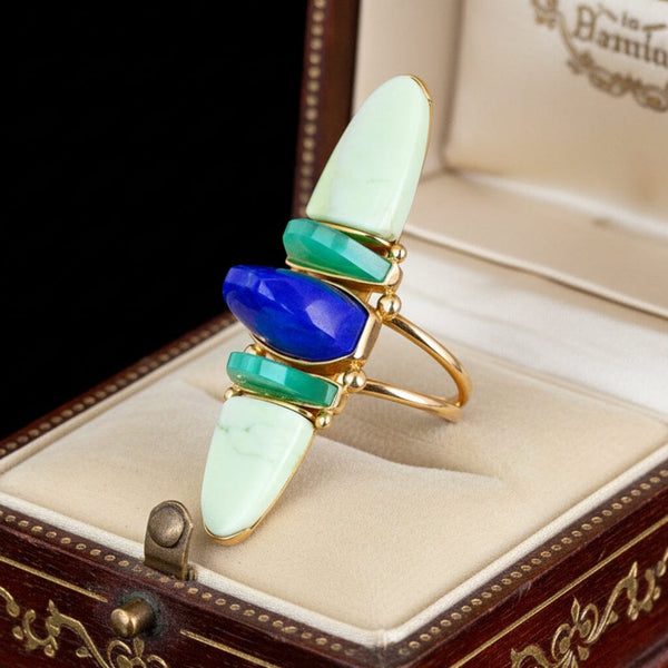Vintage Lapis Chrysoprase Navette Ring 18K Gold Statement