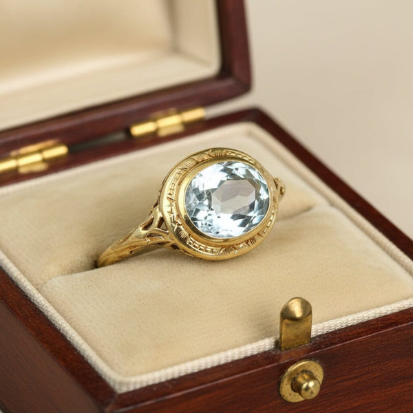 Antique Art Deco Aquamarine Ring 14K Gold Filigree