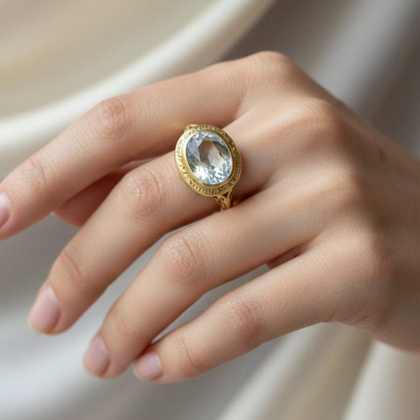 Antique Art Deco Aquamarine Ring 14K Gold Filigree