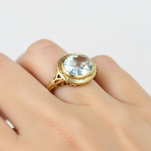 Antique Art Deco Aquamarine Ring 14K Gold Filigree