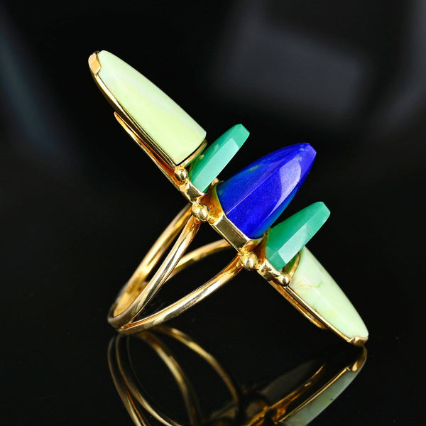 Vintage Lapis Chrysoprase Navette Ring 18K Gold Statement
