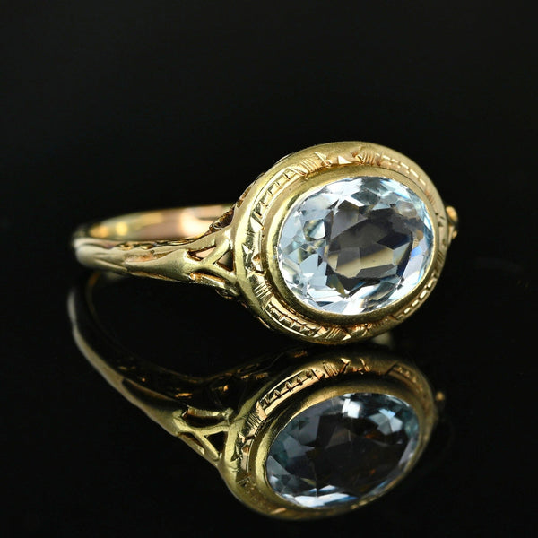 Antique Art Deco Aquamarine Ring 14K Gold Filigree