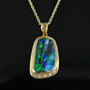 Fine 18K Gold Diamond Accent Boulder Opal Pendant - Boylerpf