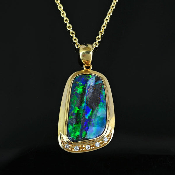 Fine 18K Gold Diamond Accent Boulder Opal Pendant - Boylerpf