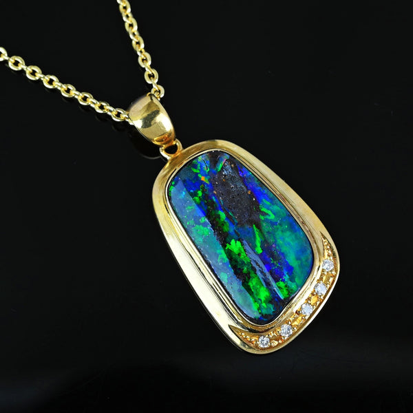 Fine 18K Gold Diamond Accent Boulder Opal Pendant - Boylerpf