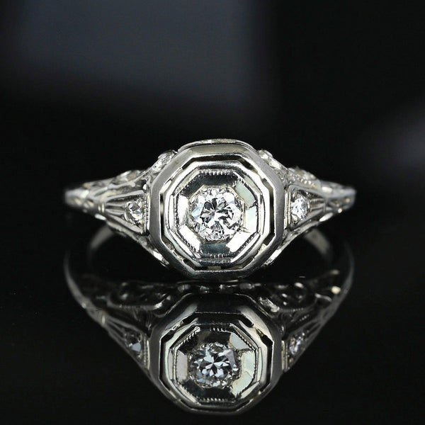 Art Deco 14K White Gold Filigree Solitaire Diamond Ring - Boylerpf