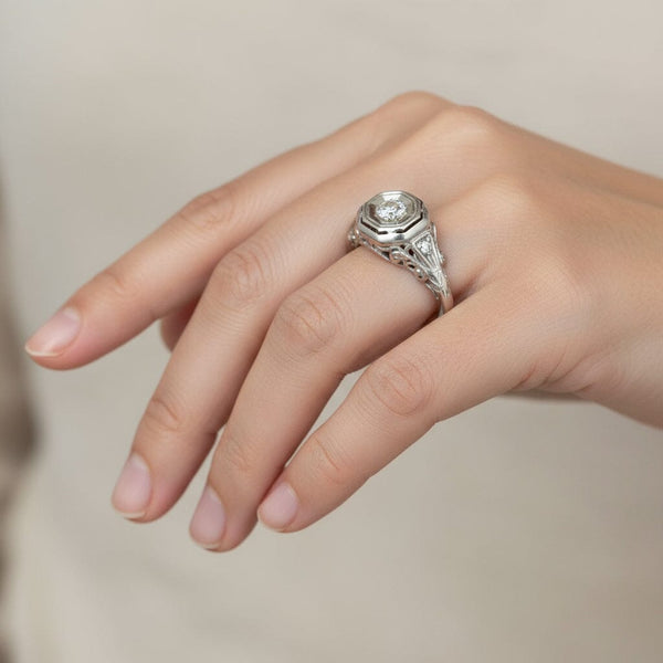Art Deco 14K White Gold Filigree Solitaire Diamond Ring - Boylerpf