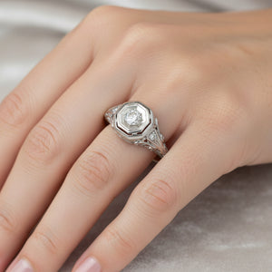 Art Deco 14K White Gold Filigree Solitaire Diamond Ring - Boylerpf