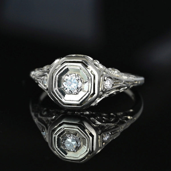 Art Deco 14K White Gold Filigree Solitaire Diamond Ring - Boylerpf