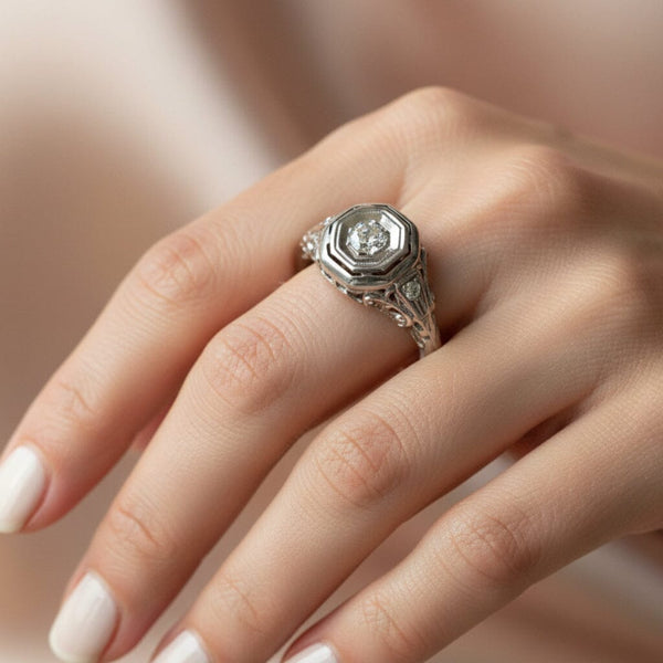Art Deco 14K White Gold Filigree Solitaire Diamond Ring