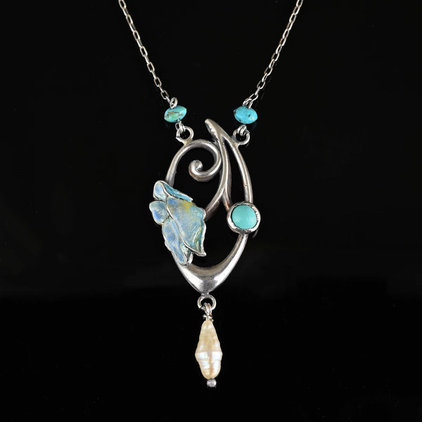 Arts & Crafts Charles Horner Enamel Flower Turquoise Necklace - Boylerpf