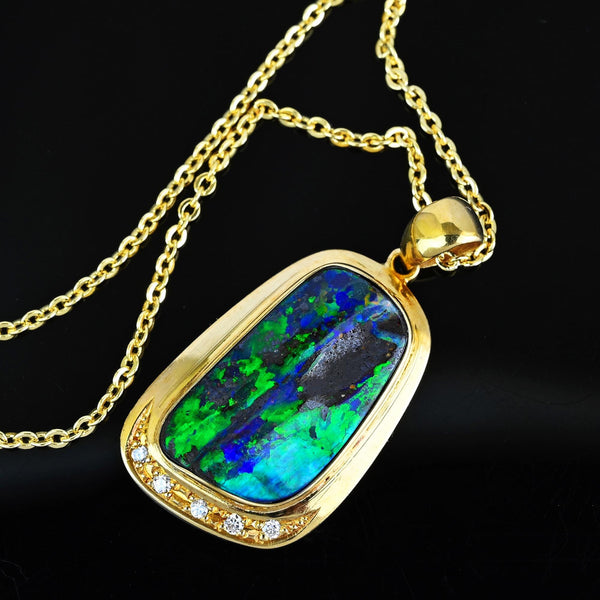 Fine 18K Gold Diamond Accent Boulder Opal Pendant - Boylerpf