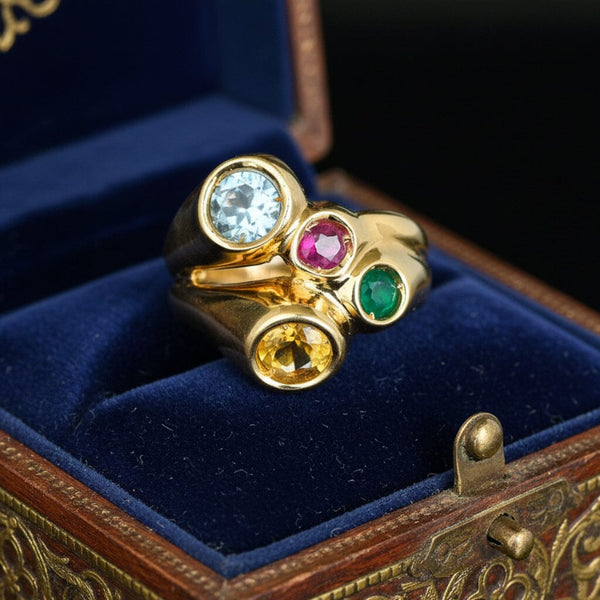 Vintage Italian Harlequin Gemstone Ring 14K Gold Wide Band