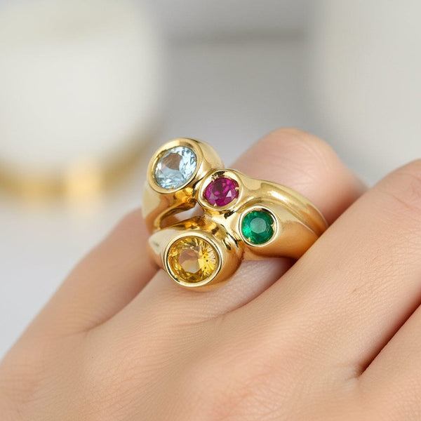 Vintage Italian Harlequin Gemstone Ring 14K Gold Wide Band