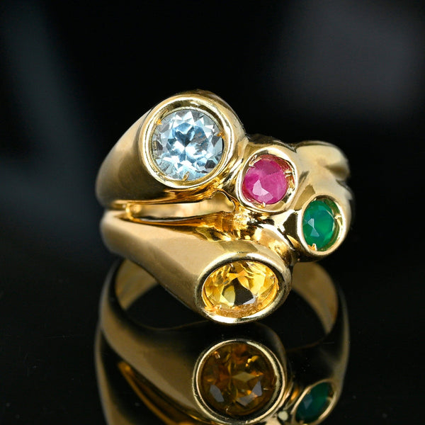 Vintage Italian Harlequin Gemstone Ring 14K Gold Wide Band