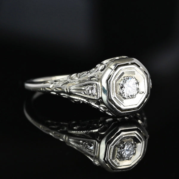 Art Deco 14K White Gold Filigree Solitaire Diamond Ring