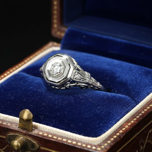 Art Deco 14K White Gold Filigree Solitaire Diamond Ring - Boylerpf