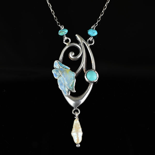 Arts & Crafts Charles Horner Enamel Flower Turquoise Necklace - Boylerpf