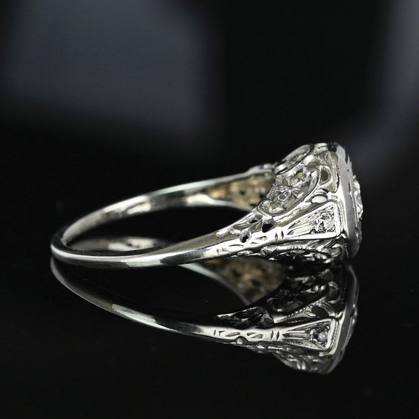 Art Deco 14K White Gold Filigree Solitaire Diamond Ring - Boylerpf