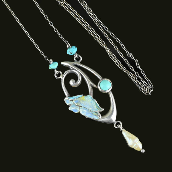 Arts & Crafts Charles Horner Enamel Flower Turquoise Necklace - Boylerpf