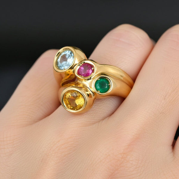 Vintage Italian Harlequin Gemstone Ring 14K Gold Wide Band